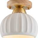 Ceramic Wood Brass Semi Flush Mount Ceiling Light Vintage Hallway Light Fixture, Mid Century Modern Small Ceiling Mount Chandelier Light Fixture for Kitchen Laundry Room Entryway Porch Foyer (Wood+Brass Base 1 Pack)