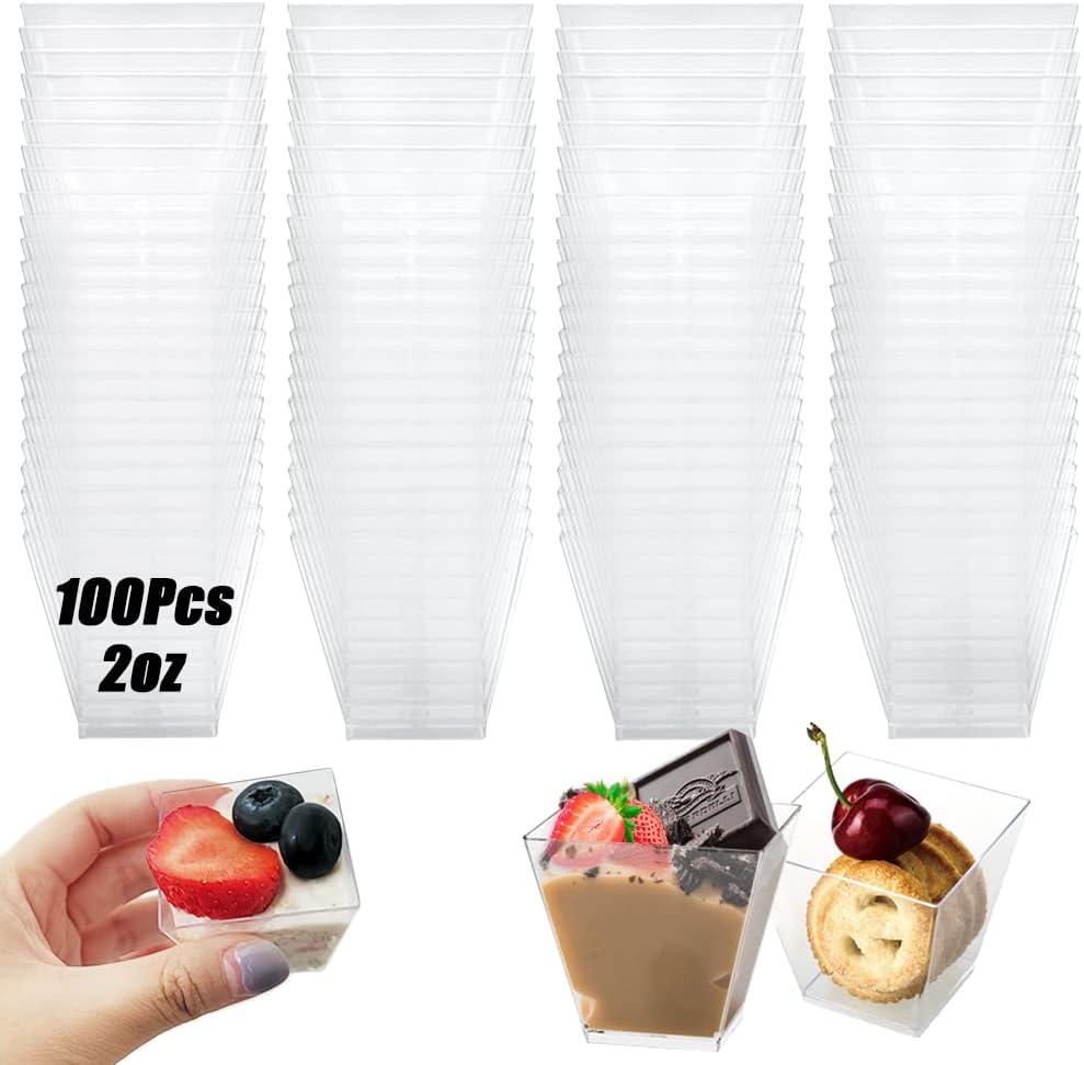 100 Pack 2oz/60ml Plastic Square Dessert Cups,Mini Clear Appetizer Cups,Small Disposable Square Cup Serving Bowl for Chocolate Cakes,Ice Cream