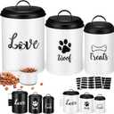 Dog Food Containers Set of 3 with Lids and Spoon Airtight Metal Dog Treat Snack Jars with DIY Labels Big Pet Cookie Storage Jar for Farmhouse Kitchen Counter(White)