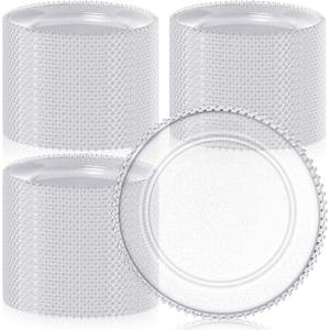 Hoolerry 100 Pack Clear Charger Plates Bulk 13 Inch Acrylic Round Dinner Charger Plates Beaded Frosted Grain Dinner Decorative Dishes for Wedding Party Events Home Kitchen Tabletop(Clear,Beads)