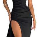 Women's Sexy Strapless Backless High Split Long Maxi Dress Ruched Off Shoulder Sleeveless Bodycon Party Cocktail Dresses (Black) Small