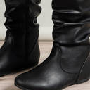 Women's Slouchy Knee High Boots Pull On Flat Boots with Side Zipper Fall Winter Western Cowgirl Booties for Women Soft Faux Leather Round Toe Low Heels Combat Mid Calf Tall Dress Boots Size 8