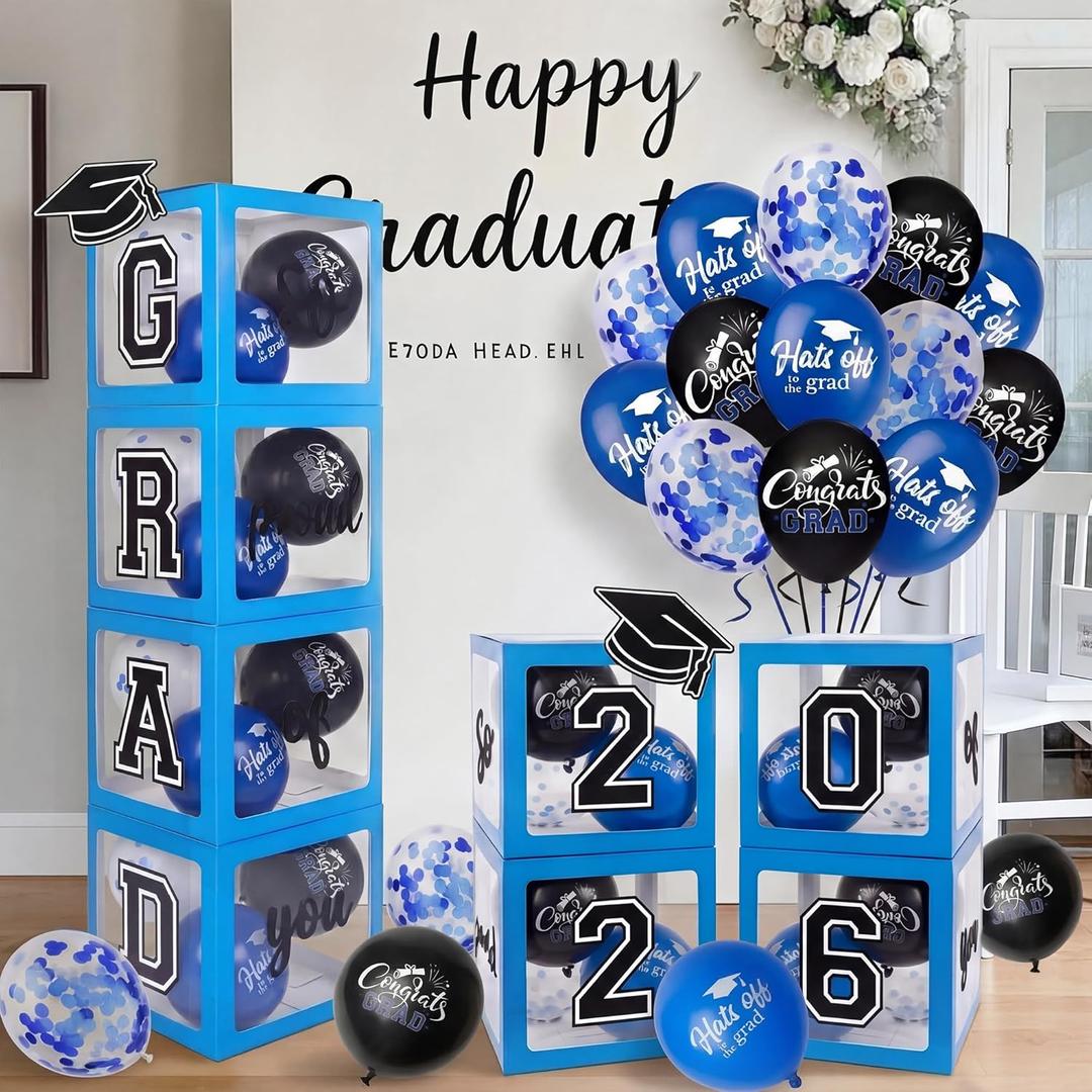 2026 Graduation Decorations 4 Grad Balloon Boxes with Letters 2026 Grad & So Proud of You and 18pcs Balloons Graduation Party Decorations (Blue)