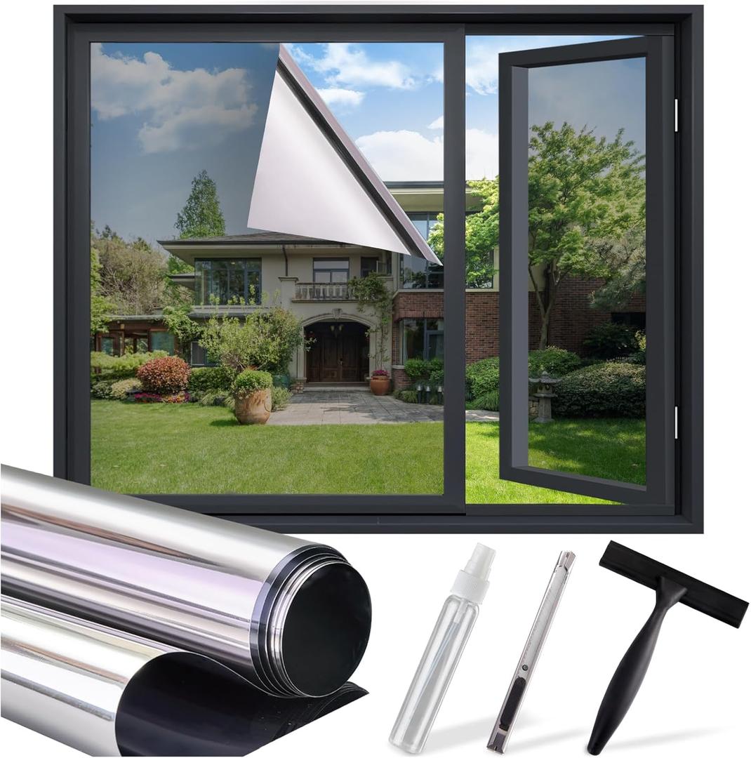 One Way Privacy Window Film - Reflective Sun Blocking Window Tint Clings for Daytime Privacy & UV Protection, Includes 3 Tools, Silver(17.5"x78.7")