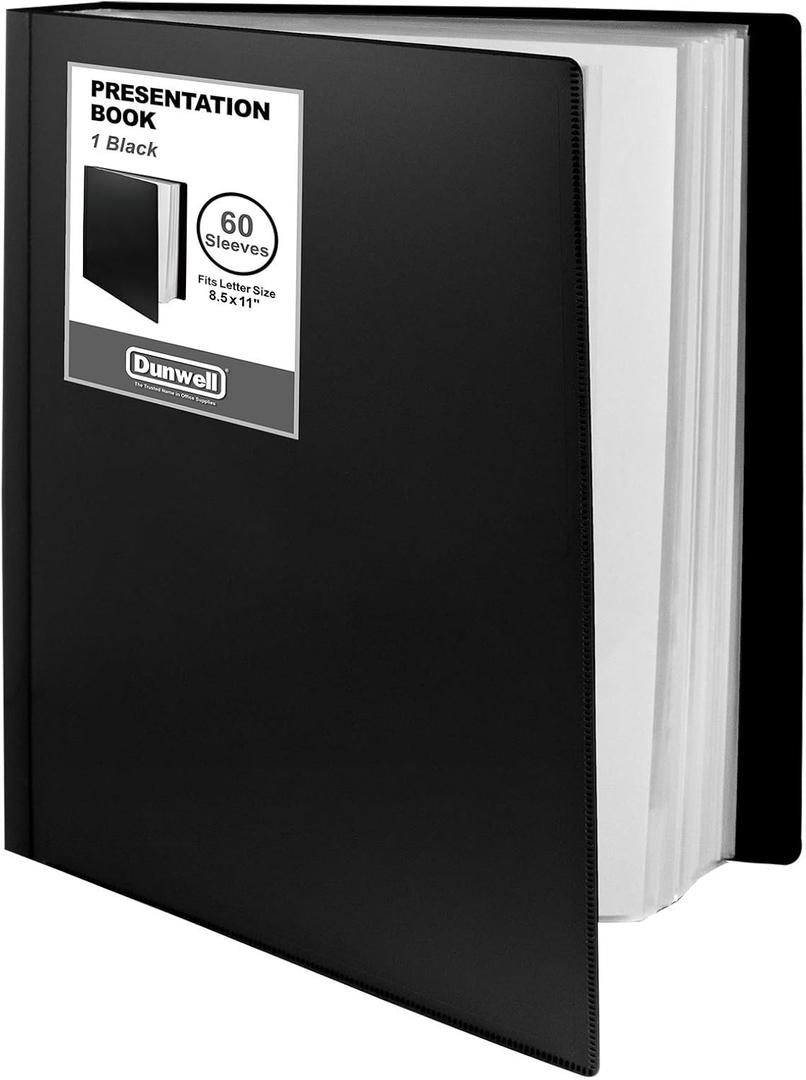Dunwell Presentation Binder 60-Pocket, Displays 120 Pages, 8.5x11 Portfolio Binder with Plastic Sleeves, Storage and Organizer for Documents, Photos, Kids Artwork, Projects, Recipes (Black)
