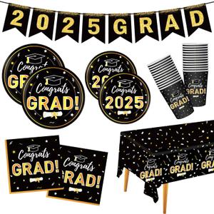 Graduation Decorations 2025 Disposable Black Graduation Tableware Kit for 25 Guests Plates Napkins Cups Tablecloth Hanging Graduation Party Decorations 2025