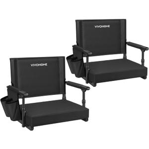 VIVOHOME Stadium Seats with Back Support and Cushion, 2 Pack Portable Bleacher Chairs with Cup Holder and Shoulder Strap (Black)