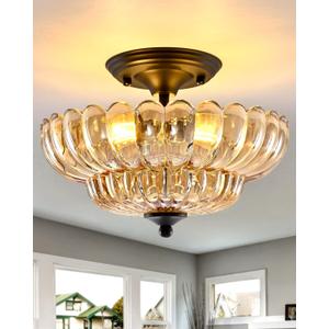 Black Semi Flush Mount Ceiling Light with Amber Glass Shades, 3-Light Modern Farmhouse Chandelier for Kitchen, Bathroom, Hallway, and Entryway