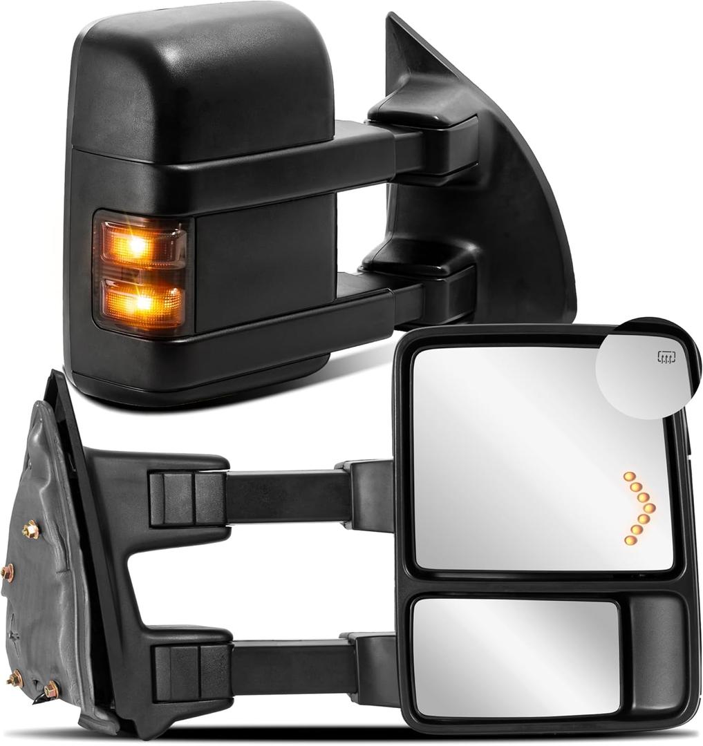2PCS Towing Mirror Compatible for 2008-2016 Ford F250 F350 F450 F550 Super Duty Turn Light Power Heated w/Led (Black)