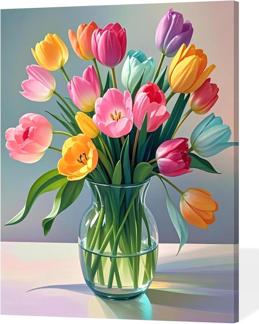 ACANDYL Tulip DIY Paint by Numbers Kit for Adults Paint by Numbers Beginner Canvas Painting by Number DIY Acrylic Oil Painting on Canvas Arts Craft Decoration Flower 16x20 Inch