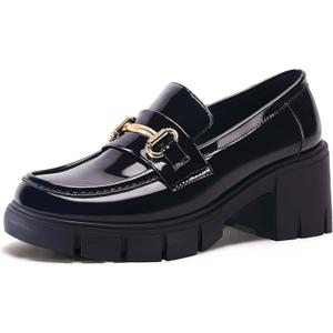 Coutgo Womens Chunky Platform Lug Sole Loafers Mid Heel Square Toe Dress Walking Work Shoes with Buckle Chain (6.5, Mirror Leather Black) Coutgo Womens Chunky Platform Lug Sole Loafers Mid Heel Square Toe Dress Walking Work Shoes with Buckle Chain (6.5, Mirror Leather Black)