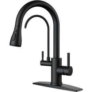 FORIOUS Black Kitchen Faucets with Water Filter, 2 in 1 Stainless Steel Pull Down Sink Faucet and Purified Water Faucet Rustic High Arc Single Handle with Detachable Deck for 1 or 3 Hole