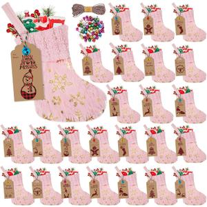 24 Set Mini Pink Christmas Stockings Set with Gold Sequin Snowflake 6 Inch Faux Fur Xmas Hanging Stocking Small Plush Xmas Stocking with Christmas Kraft Gift Tags