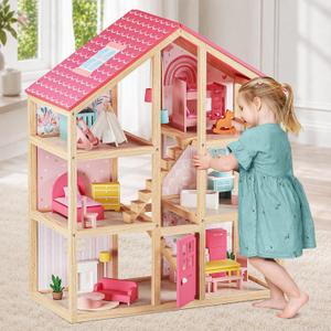 Tiny Land Wooden Dollhouse for Girls - 6 Rooms Wooden Doll House, Large Size