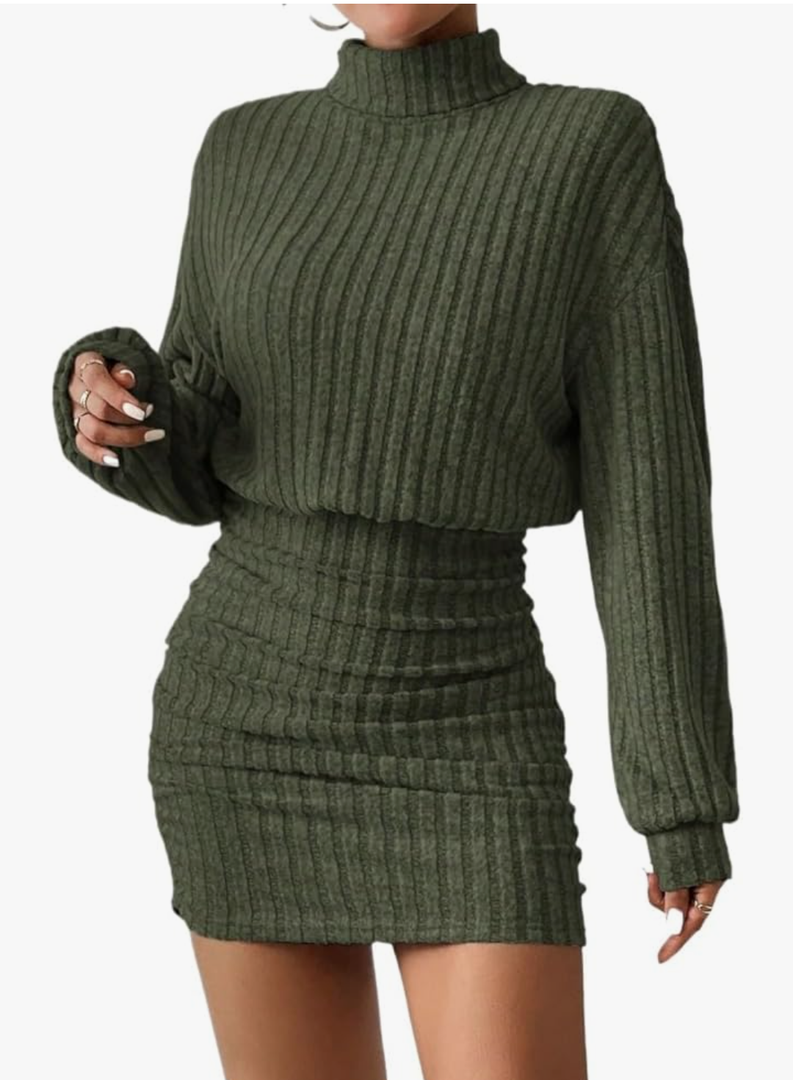 Women Casual Dress Solid Color High Neck Batwing Sleeve Fabric Dress Midi Dress , Size L