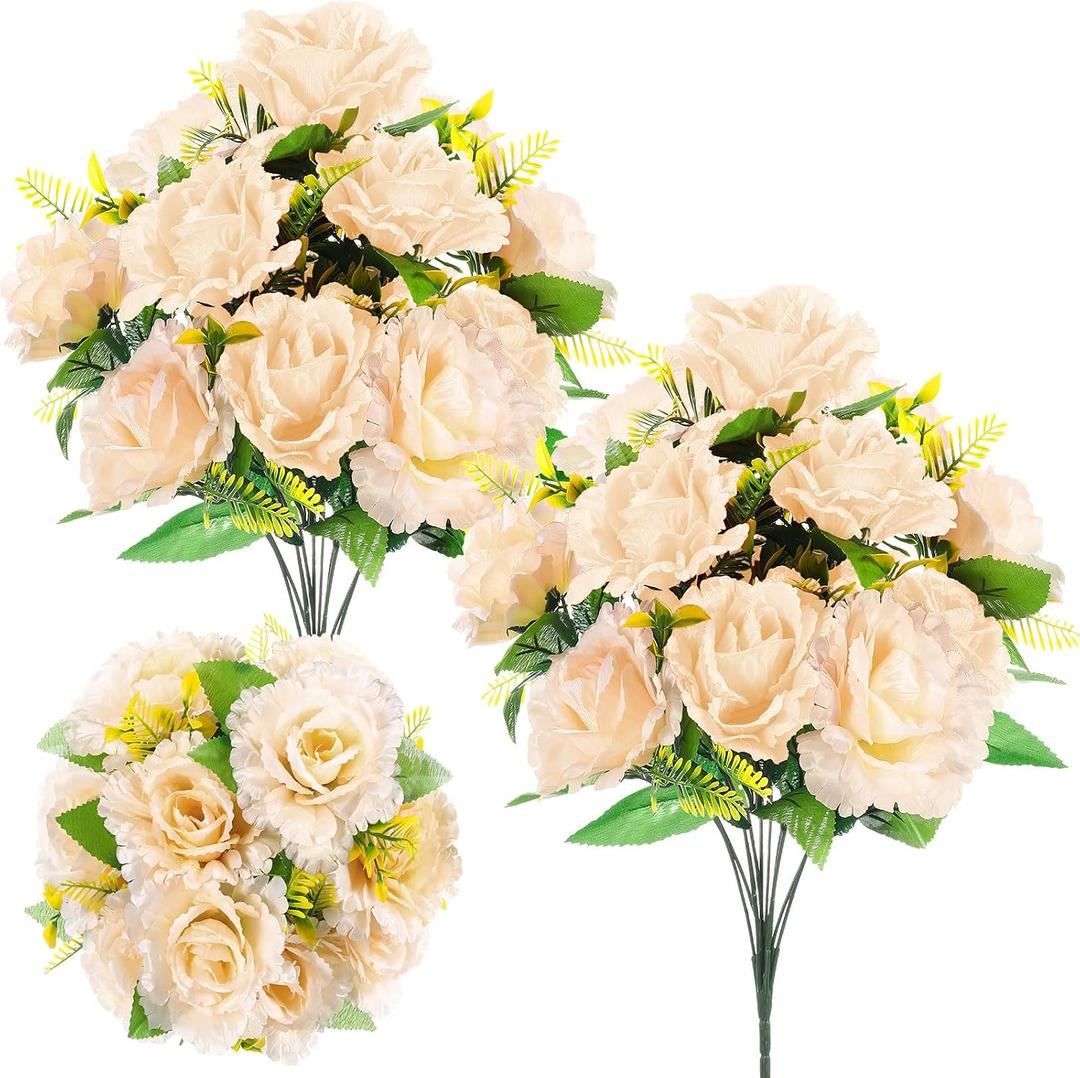 Riceshoot 2 Sets Artificial Cemetery Flowers for Grave Father's Day 24 Heads Peony Memorial Fake Flower 16.54'' Faux Silk Floral Arrangements for Dad Gravesite Outdoor Headstone Decor(Champagne)
