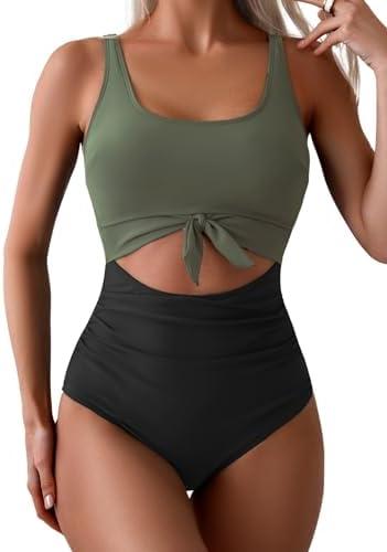 Eomenie Women's One Piece Swimsuit Tummy Control Slimming Bathing Suit Cutout Tie Knot Swimwear, L