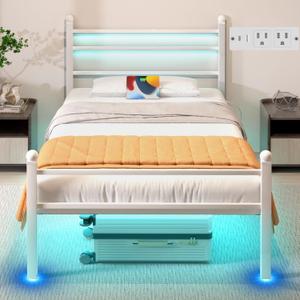 J.Fkne Twin Bed Frame with LED Lights & Charging Station, Metal Platform Bed with Headboard, Heavy Duty Metal Slats, No Box Spring Needed, Noise Free, Easy Assembly, White