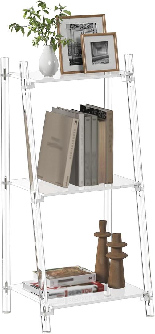Small Acrylic Ladder Bookshelf, 3 Tier Clear Bookcase, Multipurpose Book Shelf for Living Room, Bathroom, Office, Modern, 11.6" D x 15.6" W x 32" H