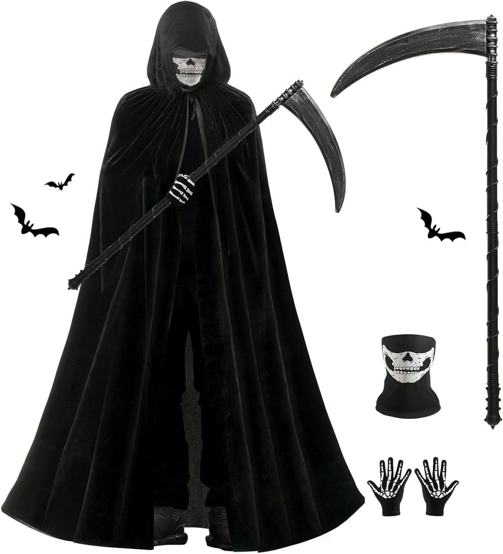 Grim Reaper Costume, Scary Halloween Costumes for Adults Unisex, With Scythe, Glow Gloves, Skull Mask, Suitable for Halloween Party, Dead Vampire Cosplay Ball, Horror Atmosphere Decoration, One Size