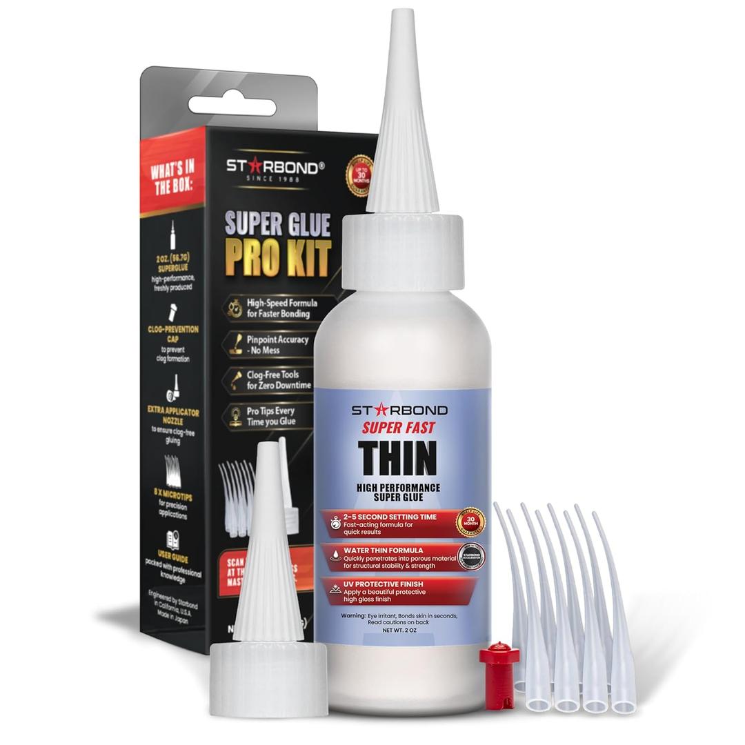 Starbond Super Fast Thin CA Glue Super Glue Pro Kit with Precision Microtips Anti-Clog Cap & Extra Nozzles Premium Cyanoacrylate Adhesive for Cracks, Joints, Woodturning, Hobby & Repairs, 2 oz