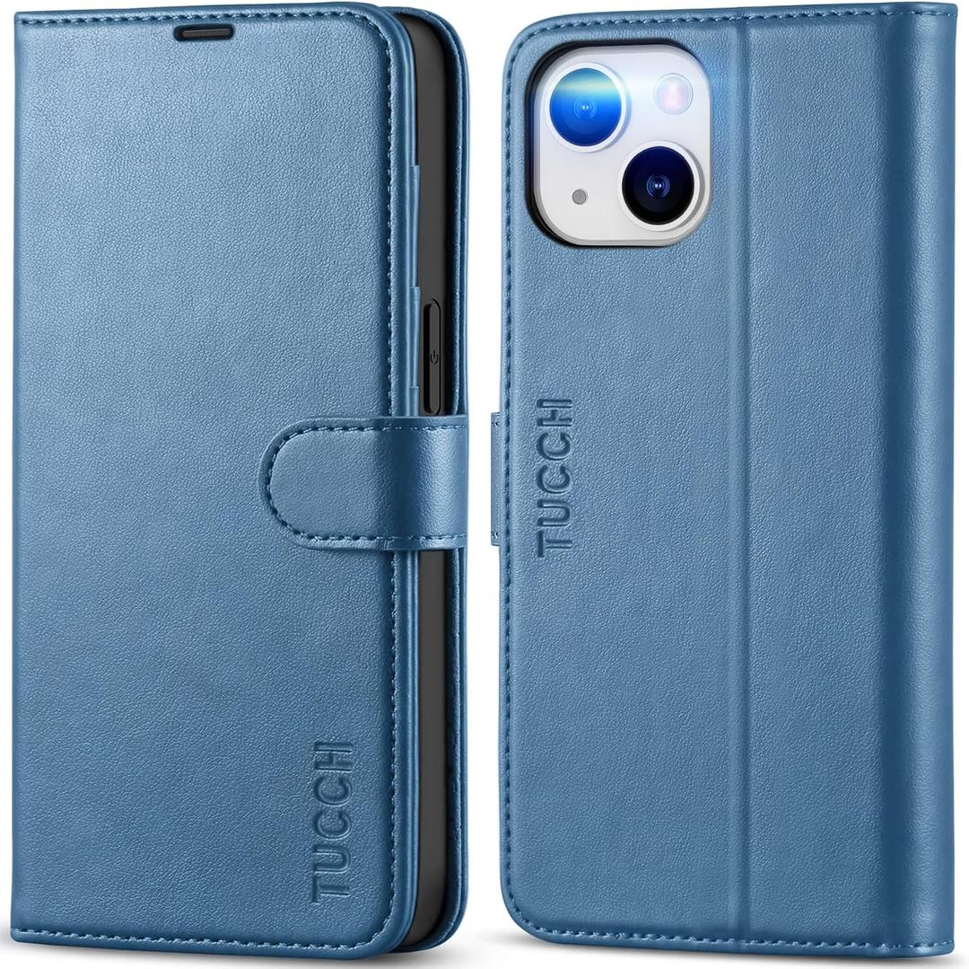 TUCCH Wallet Case for iPhone 14 6.1", Magnetic PU Leather Stand Flip Cover with 4 Card Slots [TPU Shockproof Interior Shell], [RFID Blocking] Folio Case Compatible with iPhone 14 6.1-inch, Lake Blue