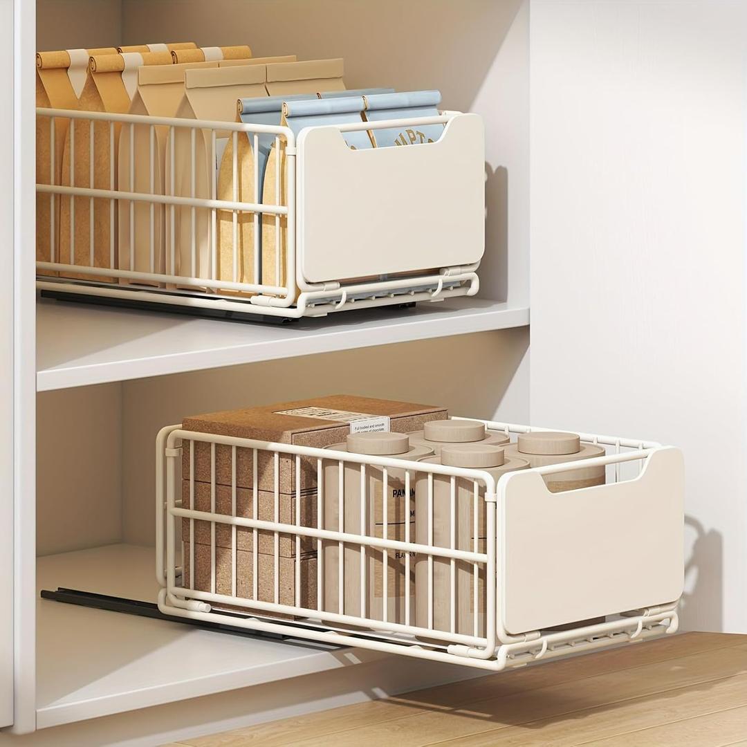 Pull Out Cabinet Organizer Fixed with Adhesive Nano Film, 1 Pack Sliding Mesh Cabinet Basket with Handle, Heavy Duty Slide out Pantry Shelves Drawer Storage for Home, Kitchen, Bathroom, Cream