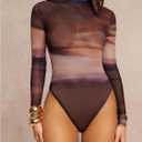 SweatyRocks Women's Tie Dye Sheer Mesh Bodysuit Turtle Neck Long Sleeve Going Out Leotard Tops, Medium