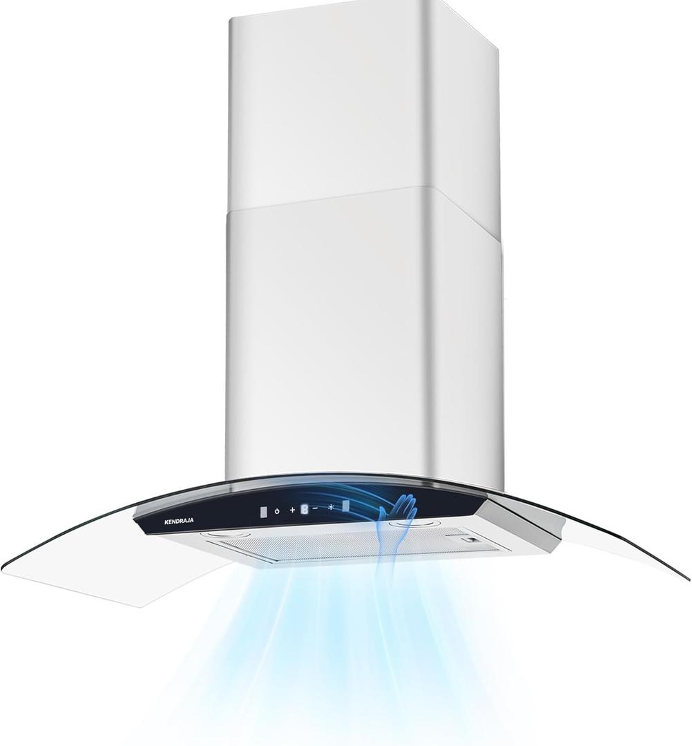 36 Inch Wall Mount Range Hood 700 CFM Ducted Vent Hood, Tempered Glass & Stainless Steel Filters - Gesture Sensing & Touch Control, 3-Speed, 2 LED Lights (Black Panel)