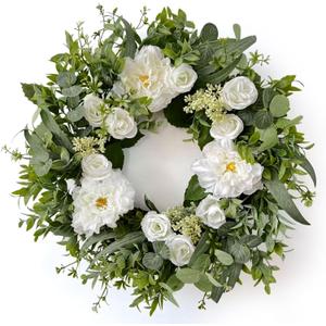 Betylifoy Spring Wreaths for Front Door 24" Artificial Floral Wreath with Dahlia Rose Green Eucalyptus Leaves Wreath for All Seasons Summer Door Wreaths for Outdoor Indoor Farmhouse Wall Home Decor