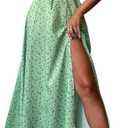Women's Summer Puff Sleeve Floral Split Maxi Dress Flowy A Line Casual Beach Long Dresses-Green-XL
