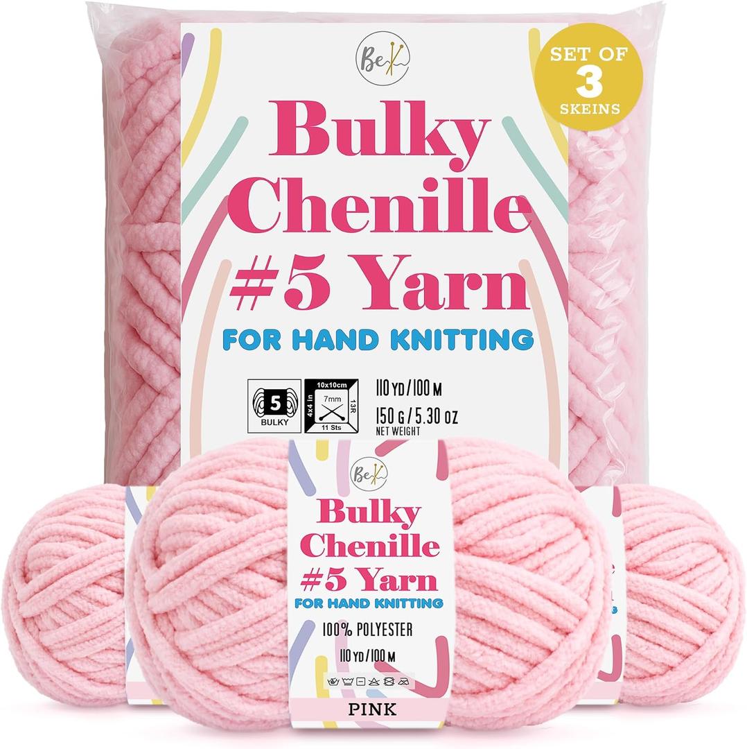 3 Pack of Chunky Chenille Yarn #5 Pink | Polyester Soft Velvet Finger Knitting Crochet Skein-110yd 150g 5.3oz Bulky Jumbo | Blankets, Amigurumi, Crafting | Holiday Gifts
