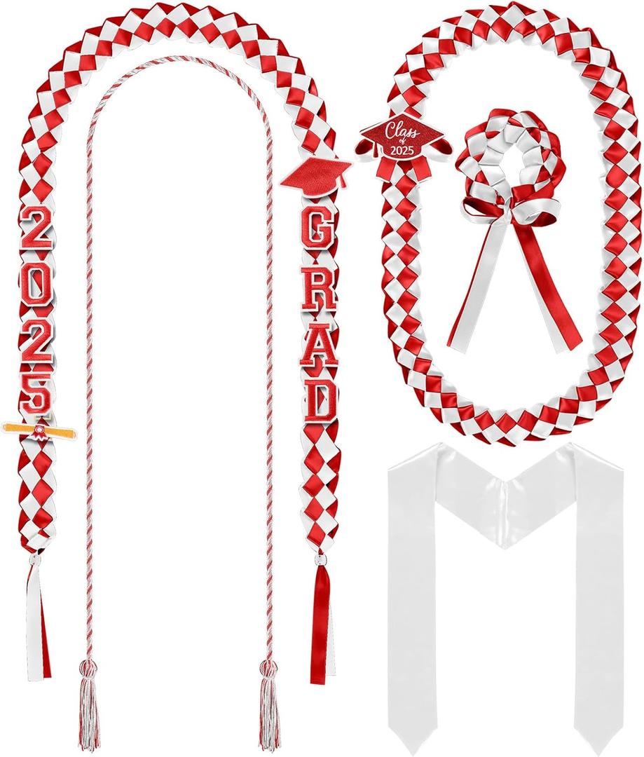 18 Pcs Graduation Leis and Stole and Honor Cords 2025 Braided Necklace Adjustable for Student Graduation Gifts Party Supplies(Red and White)