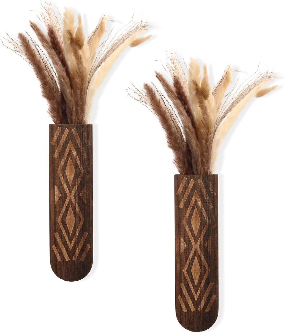 2 Pack Wooden Wall Planter Wooden Vase Set with Dried Reed Flowers Boho Wall Decor Indoor Farmhouse Decor for Entryways Hallways Bathrooms Living Rooms and Dining Rooms (Walnut Color)