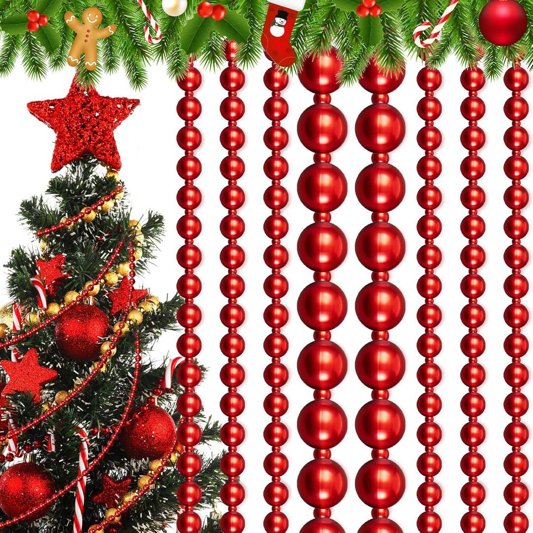 Huwena 4 Pcs 10 ft Christmas Bead Garland for Christmas Tree Decorations Acrylic Beaded Garland for Tree Fireplace DIY Ornament Holiday Party Indoor Wedding Decorations(Dark Red)