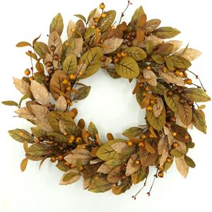 20'' Fall Wreath Autumn Wreath for Front Door with Brown Magnolia Leaves and Small Pomegranate Fruits for Home Outdoor Farmhouse Porch Wall Window Decoration,Brown Gift Box Included