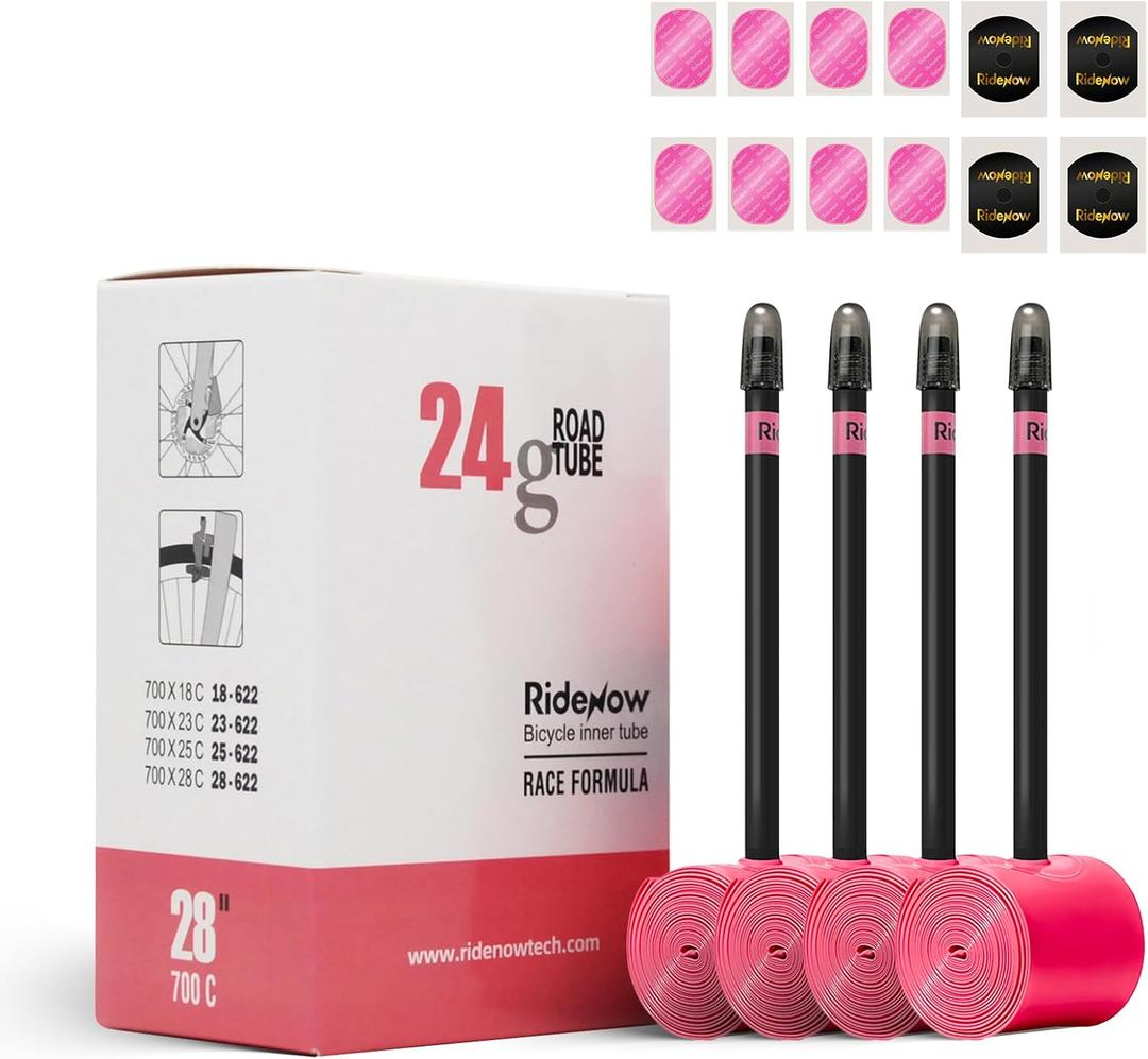 Ridenow 4-Pack Bike Inner Tube for 700/18C-28C, 700/18C-32C with 65/85 mm Metal &TPU Presta Valves for Road Bikes, Super Light Puncture Resistant Bicycle Inner Tube(Include Patch Repair Kits)