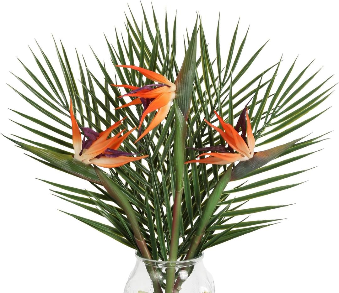 Bird of Paradise Artificial Plant Combo Palm Leaves,Faux Bird of Paradise Plant with Artificial Palm Leaves for Wedding Garden Office Home Indoor and Outdoor Decor(Orange)