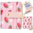 Bistup Wallet for Women Cute Bifold Small Card Wallet Rfid with Keychain for Ladies Teen Girls Female Medium Girly Aesthetic Thin Slim Strawberry Unique Pretty Modern Leather Credit Card Holder Purse