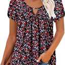 onlypuff Womens T Shirts Short Sleeve Pleated Floral Tunic Tops Dressy Casual Crew Neck Summer Boho Tops Blouses (L)