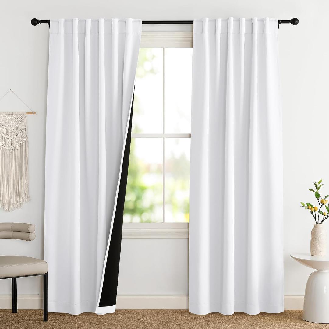 NICETOWN 100% Blackout Window Curtain Panels, Cold and Full Light Blocking Drapes with Black Liner for Nursery, 84 Inches Drop Thermal Insulated Draperies (Pure White, 2 Pieces, 52 inches Wide)