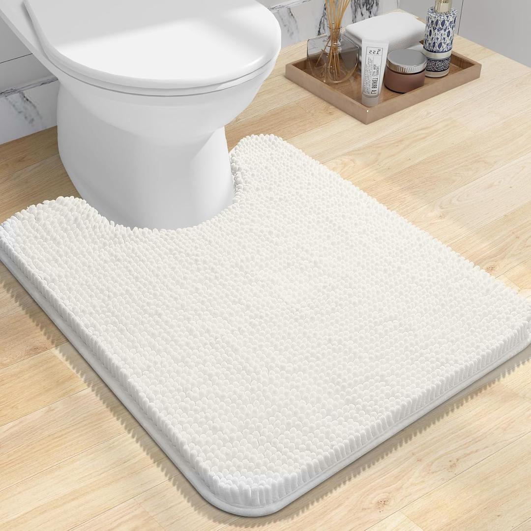 OLANLY Toilet Rugs U-Shaped 24x20, Extra Soft Absorbent Chenille Contour Bathroom Rugs for Toilet, Dry Quickly, Machine Washable, Non-Slip Bath Mat, Ivory