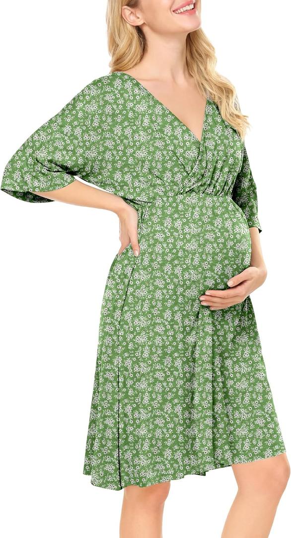 Nursing Dresses Breastfeeding Dress for Women - V Neck Maternity Nursing Dress Flowy Boho Floral Vacation Dress (Green, S)