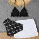 Verdusa Girl's 3 Piece Cute Bow Bikini Set Halter Triangle High Waisted Bathing Suit with Cover Up (Black, 11 Years)