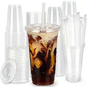 100 Pack 20oz Clear Plastic Cups with Lids and Straws, Large Leak-Proof Disposable Cups for Iced Coffee, Smoothies & Bubble Tea  BPA-Free Recyclable PET To-Go Cups