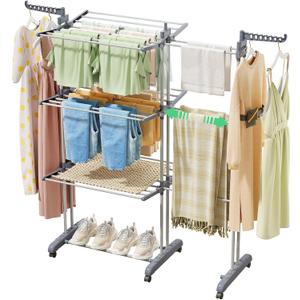 Kitstorack Clothes Drying Rack - Foldable Movable Clothes Rack Drying 30.0" W to 59.0" W Extensible Drying Rack Clothing Oversized 4-Tier Stainless Steel Large Clothes Rack Drying Indoor and Outdoor