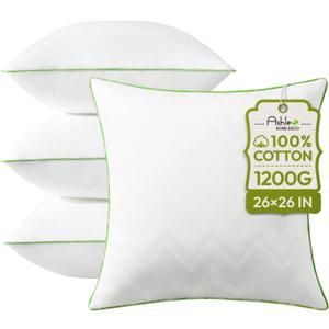 Ashler Throw Pillow Inserts (Pack of 4, White), 26 x 26 Inches Pillow Inserts with 100% Cotton Cover, Indoor Decorative Pillows Inserts for Couch Sofa and Bed