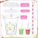 Qinyoung 14 oz Easter Cups with Lids Straws and Liners Bunny Plastic Disposable Rabbit Eggs Cups Bulk Easter Eggs Party Cups for Spring Easter Party Supplies Beverage Cold Drinking