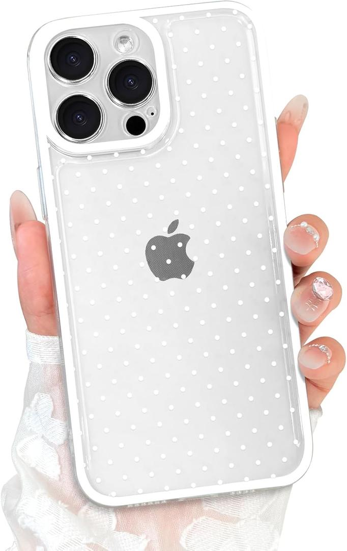 Compatible with iPhone 15 Pro Case with Clear Cute Fashion Polka Dot Aesthetics Design, Raised Lens Edge Protection, Stylish Slim Soft TPU Protective Cover for iPhone 15 Pro, White