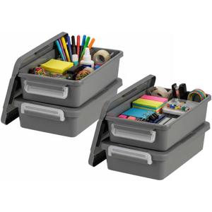 IRIS USA 3 Qt. Plastic Craft Storage Container Bins with Lids, 4 Pack, Small Art & Office Supply Organizer Tote, Sensory Bins & Boxes for Home & University, Stackable, Secure Latch Buckles, Gray